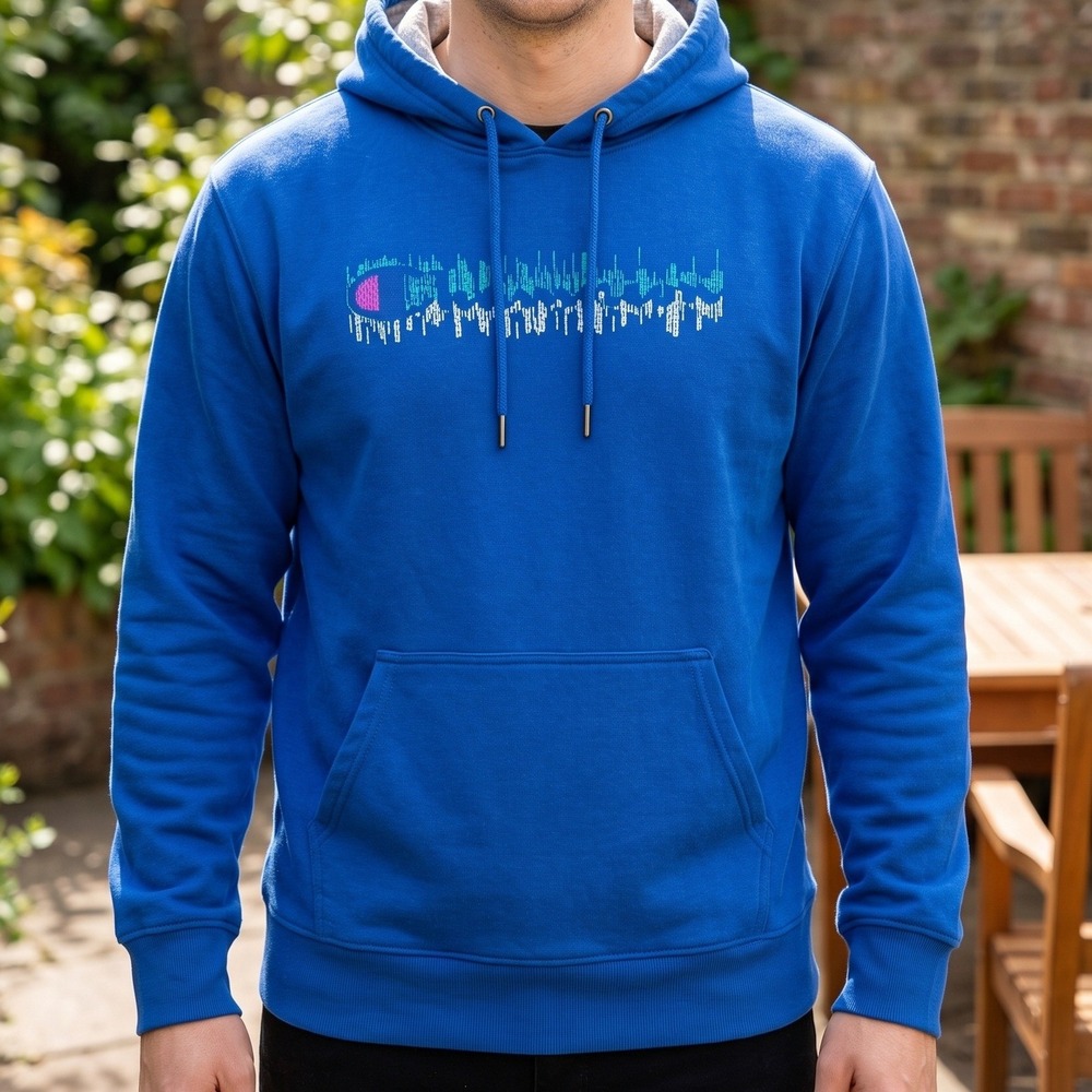 Champion Royal Blue Pullover Hoodie Repeating Graphic Logo Mens XL Athleticwear